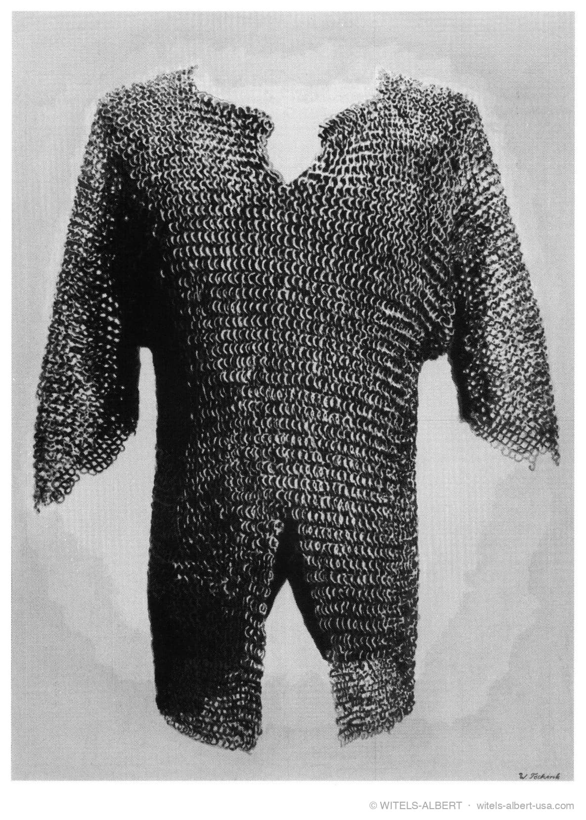Photograph of a historical chain-link shirt (mail shirt) of interlocked iron rings with elbow-length sleeves.