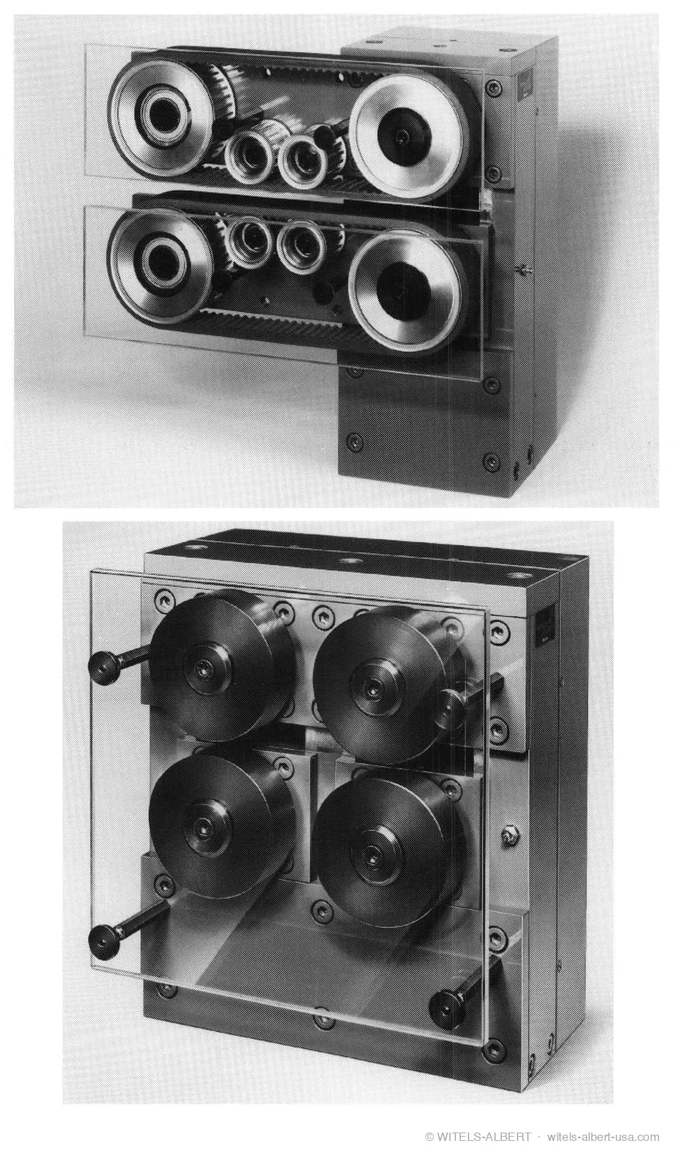 Two product photographs of drive units with paired drive rolls and belt gearing shown behind transparent safety covers.