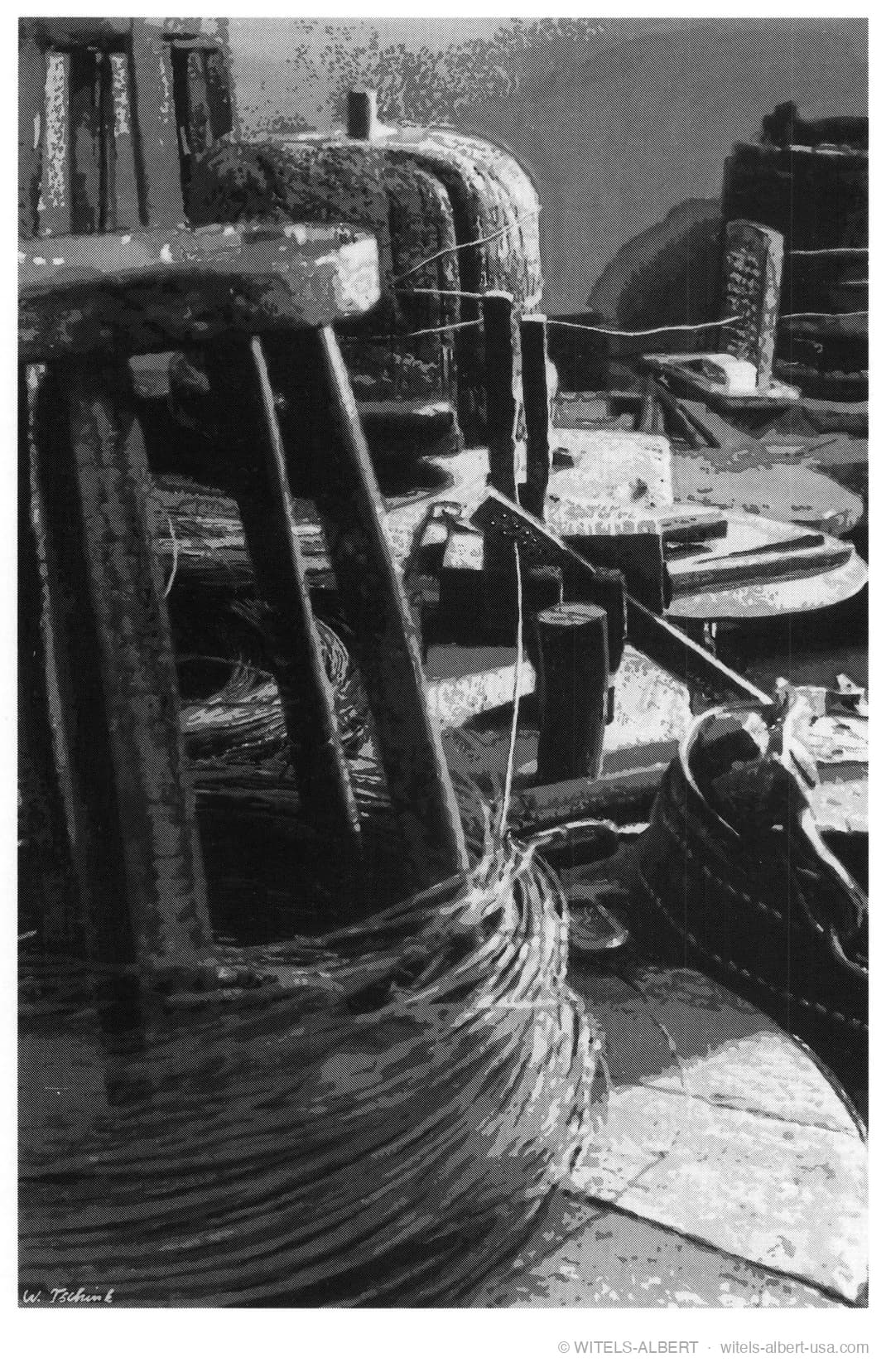 Artistic rendering of a historical fine wire drawing set-up with a wooden drawing die stand and large coils of drawn wire in the foreground.
