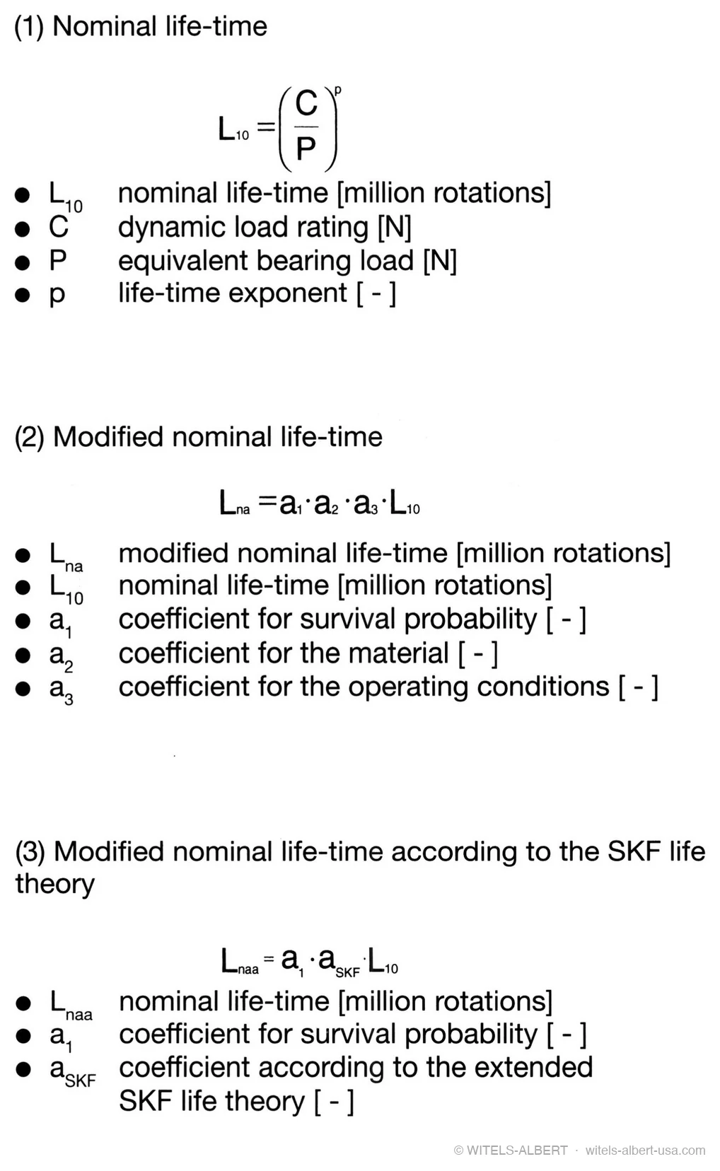 Three bearing life-time equations with their variables: nominal life-time L10 = (C/P)^p, modified nominal life-time Lna = a1·a2·a3·L10, and modified nominal life-time according to the SKF life theory Lnaa = a1·aSKF·L10.