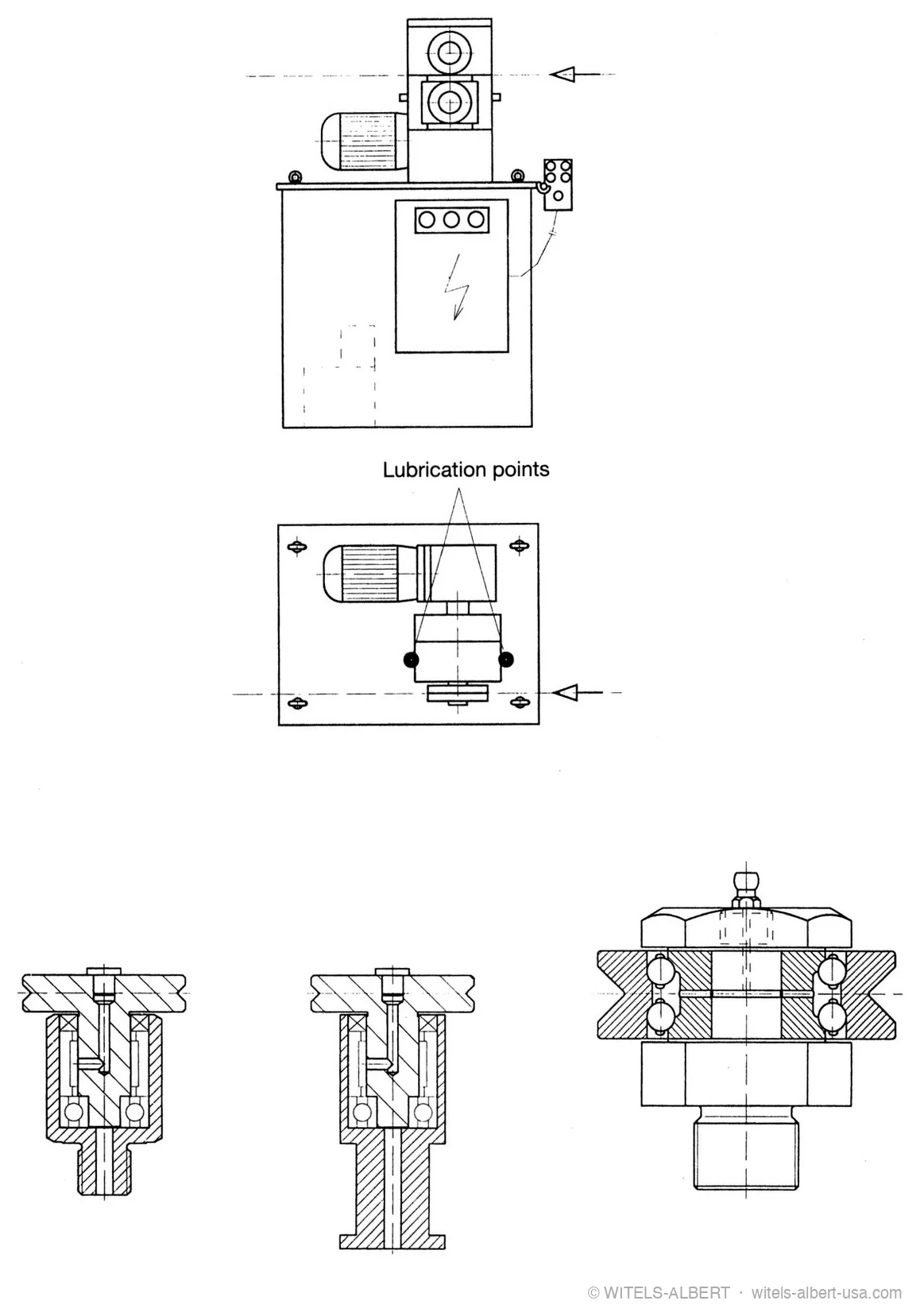Technical drawings of a straightening unit with its lubrication points marked, plus cross-sections of three straightening roll designs showing the internal grease paths to the bearings.