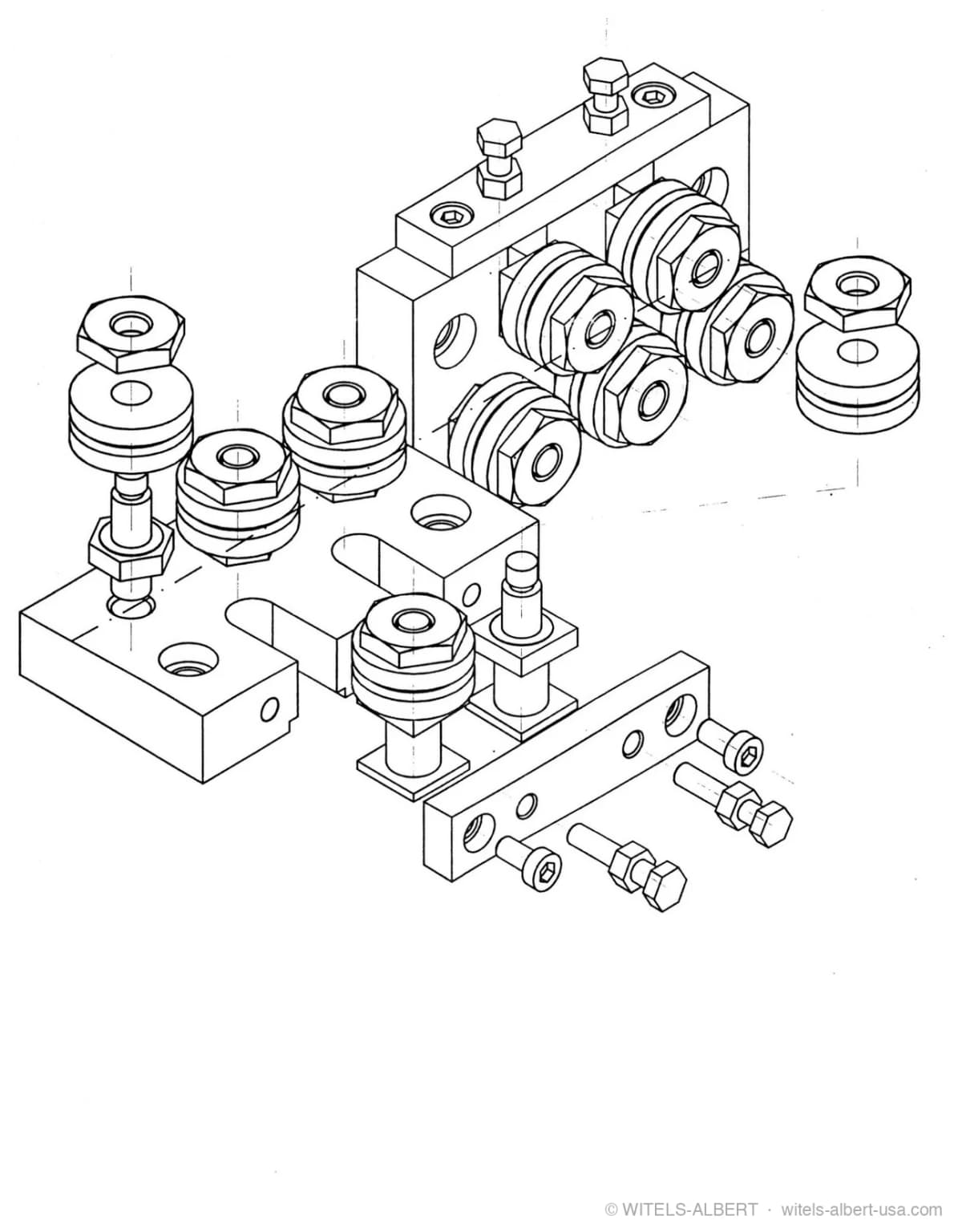 Exploded isometric drawing of a roll-type straightener showing straightening rolls, adjusting spindles, mounting blocks and fastening screws.