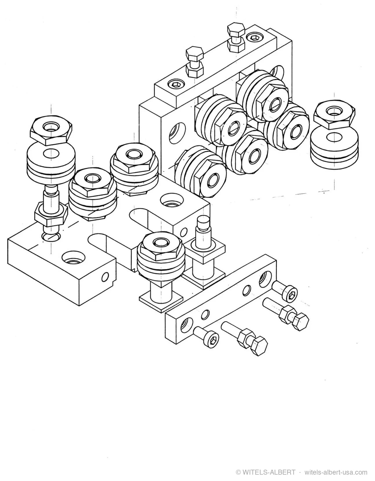 Exploded isometric drawing of a roll-type straightener showing straightening rolls, adjusting spindles, mounting blocks and fastening screws.