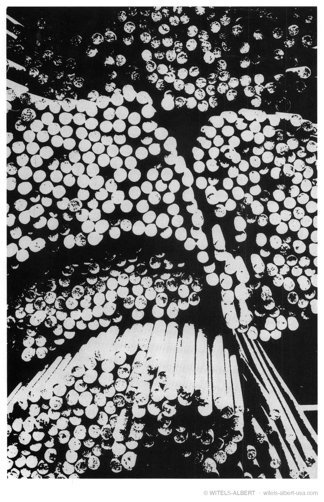 High-contrast photograph of bundled wire rod coils and rods seen end-on, showing masses of round wire cross sections.