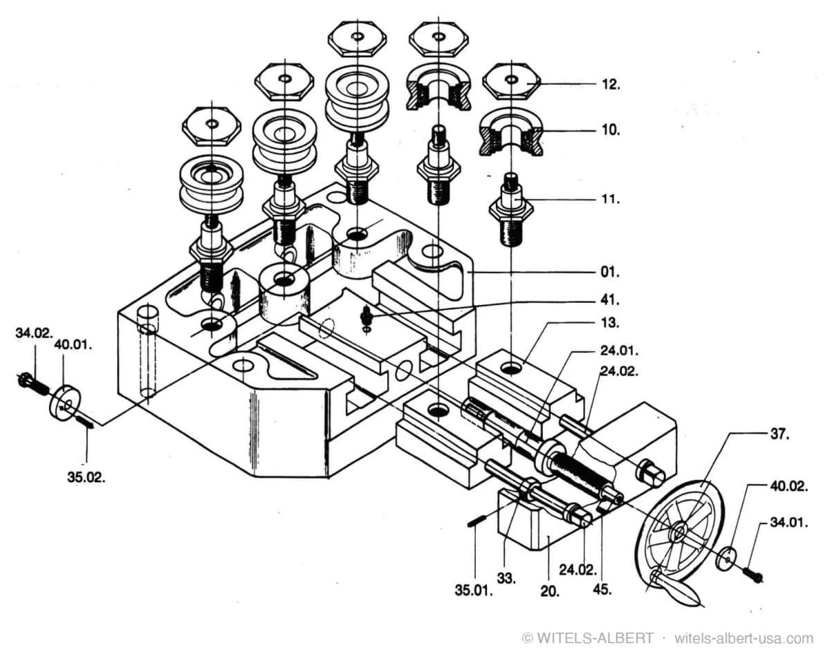 Exploded isometric drawing of a straightener body showing its modular assembly — numbered straightening rolls, grooved inserts, threaded bolts, adjusting spindles, and handwheel arranged above and beside the load-bearing base blocks.