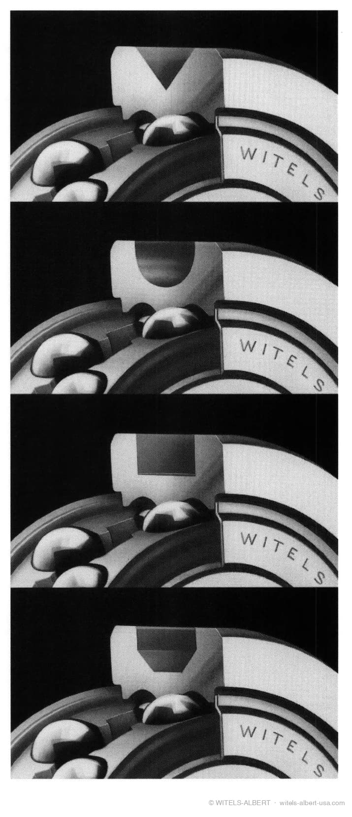 Four cutaway renderings of a WITELS straightening roll outer ring showing different groove profiles cut into the raceway, from an angular V-groove to rounded and flat profiles.