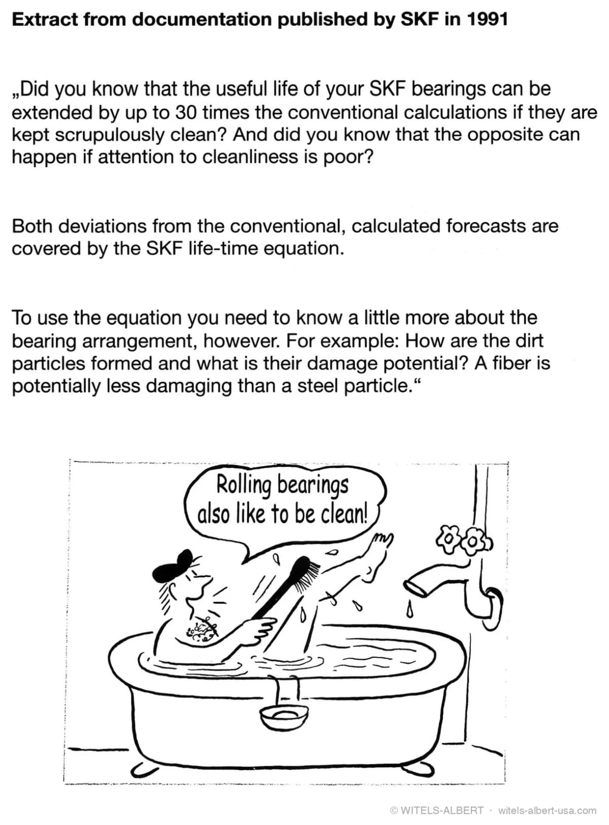 Quoted extract from 1991 SKF documentation on cleanliness extending bearing life up to 30-fold, with a cartoon of a man scrubbing in a bathtub captioned 'Rolling bearings also like to be clean!'.