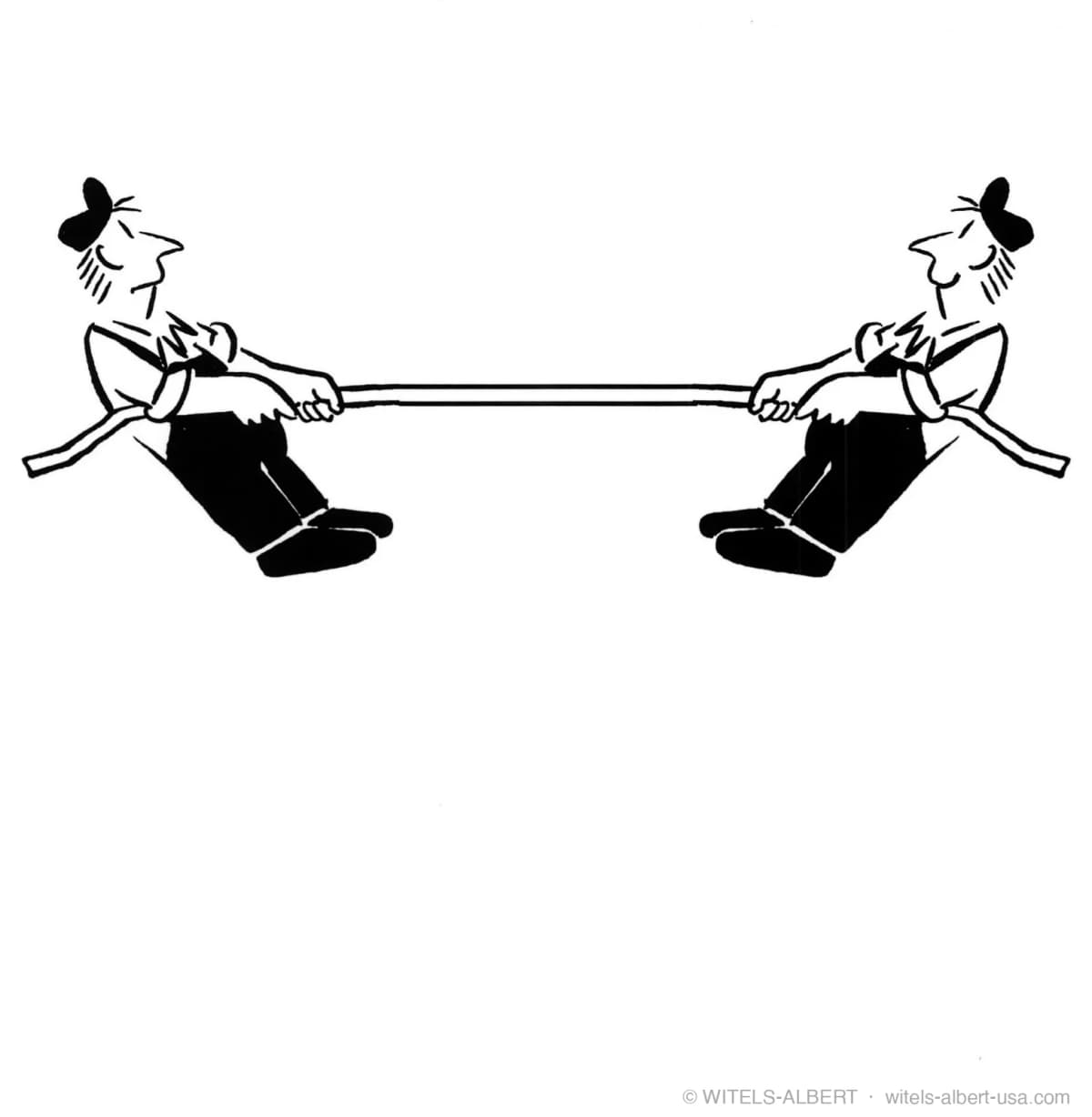 Cartoon of two men leaning back and pulling on opposite ends of a wire, illustrating straightening by tension.